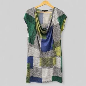 BCBGMAXAZRIA Womens Abstract Print Dress Size Large Cowl Neck Cap Sleeve Office